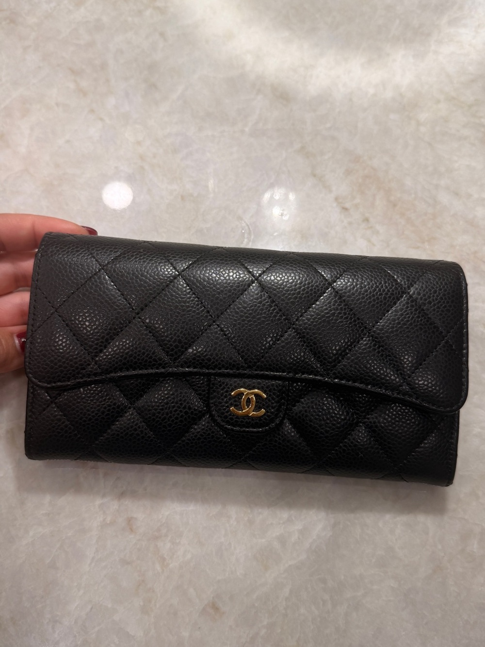 CHANEL Black Quilted Leather Wallet with Gold CC Emblem
